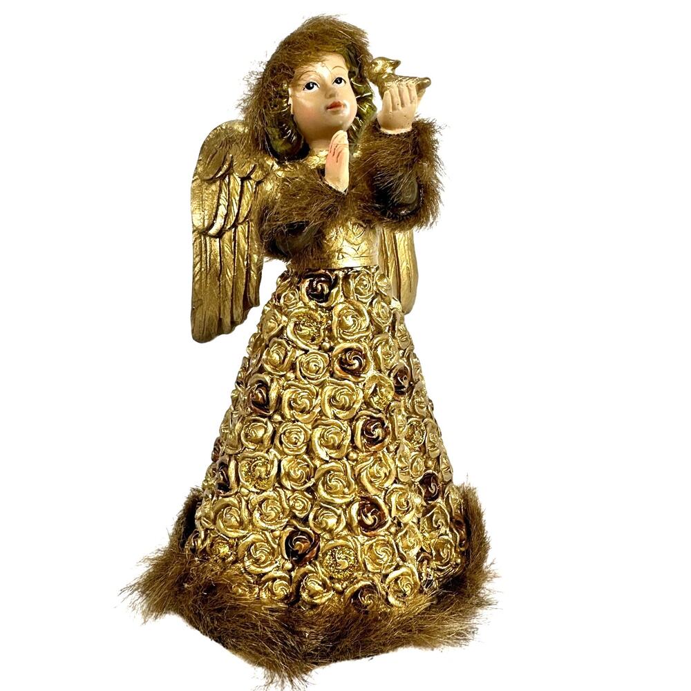 Cracker Barrel Season of Glory Gold Angel with Bird Faux Fur Trim Vintage-Nice!